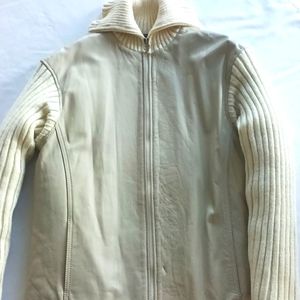 Beautiful 1 of a kind Beige Leather Jacket with Knitted sleeves & collar NWOT